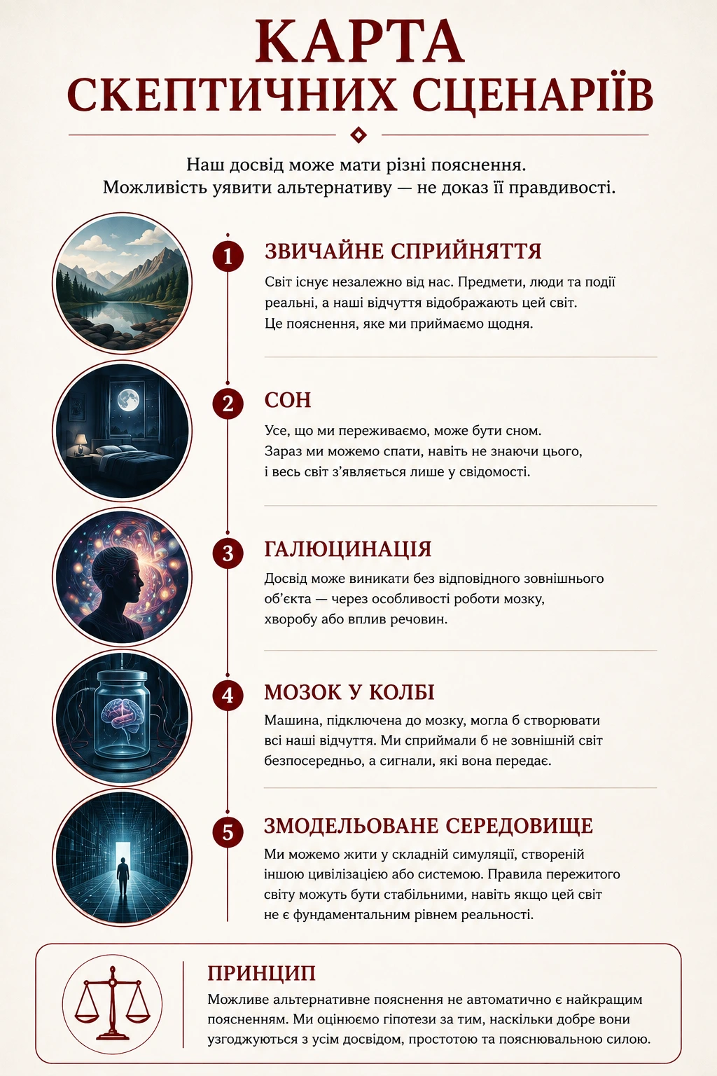Карта скептичних сценаріїв: звичайне сприйняття, сон, галюцинація, мозок у колбі та змодельоване середовище.