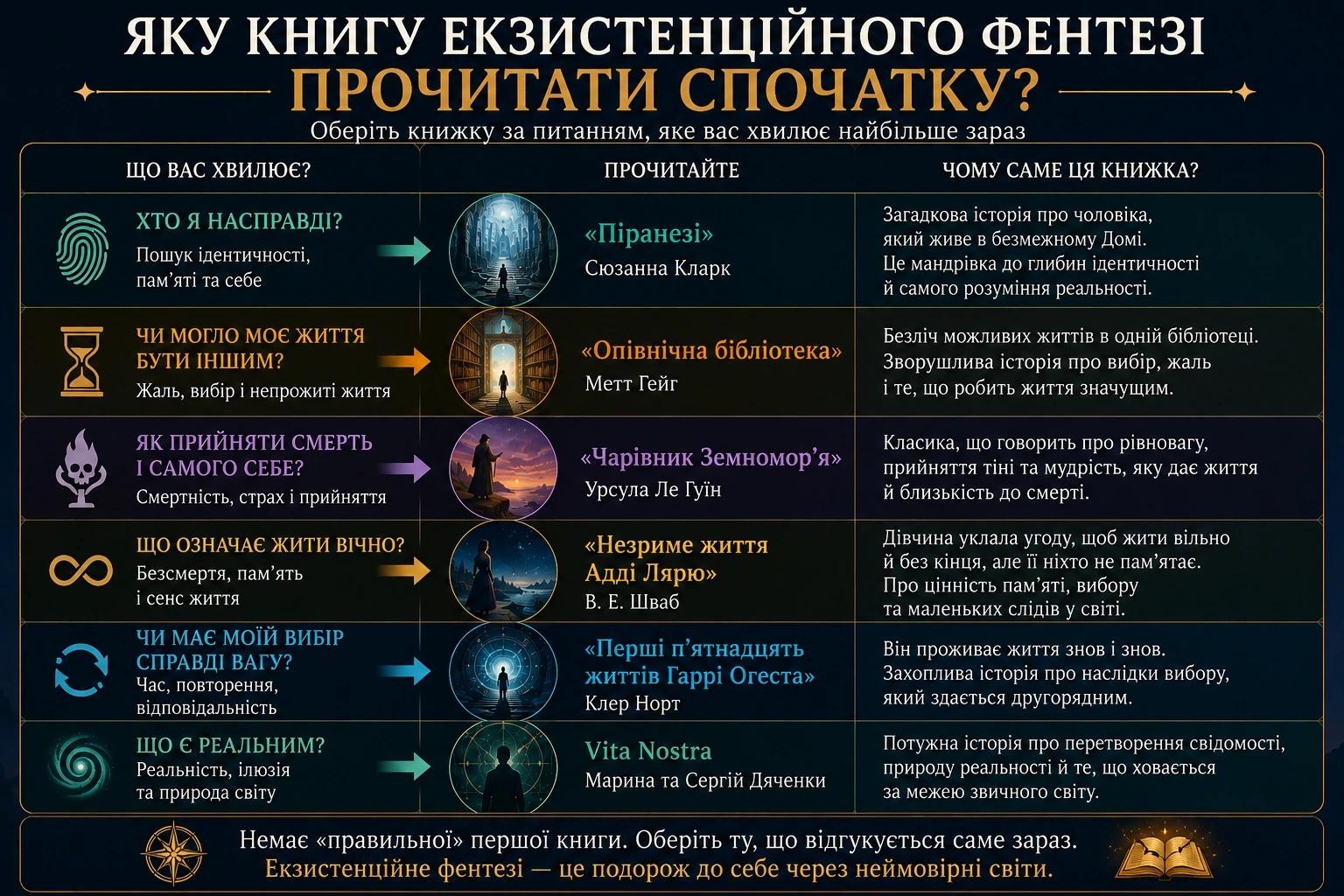 Яку книгу екзистенційного фентезі прочитати спочатку — вибір за питаннями про ідентичність, альтернативні життя, смерть, безсмертя, вибір і реальність