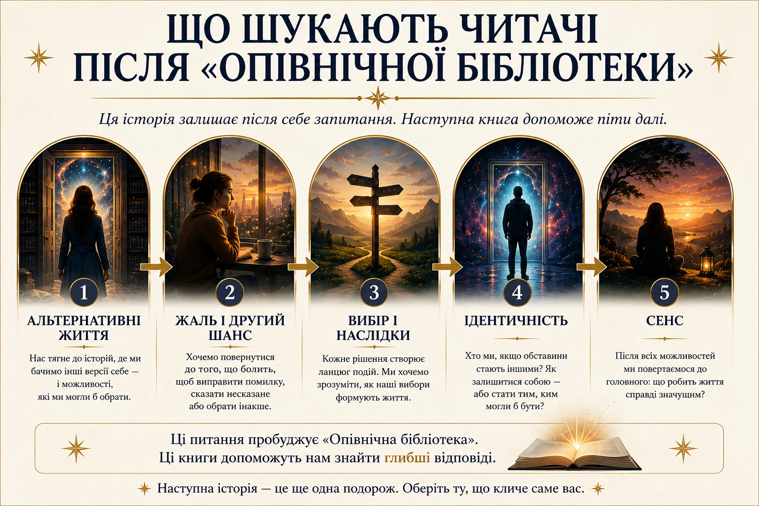 Діаграма про те, що шукають читачі після «Опівнічної бібліотеки»: альтернативні життя, жаль, вибір, ідентичність і сенс.