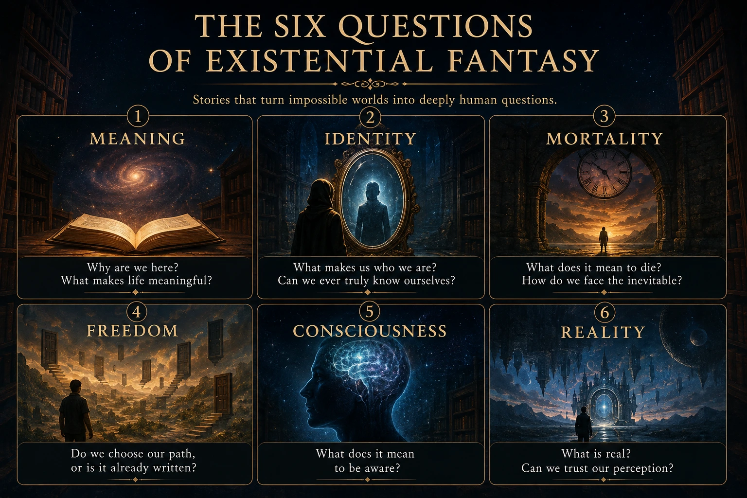 Six questions of existential fantasy: meaning, identity, mortality, freedom, consciousness and reality