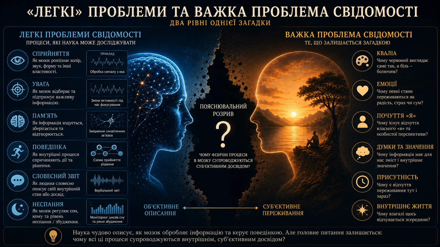 Порівняння «легких» проблем свідомості з важкою проблемою суб’єктивного досвіду.