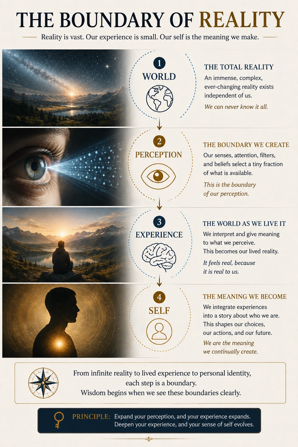 Boundary of reality diagram showing world, perception, experience, and self