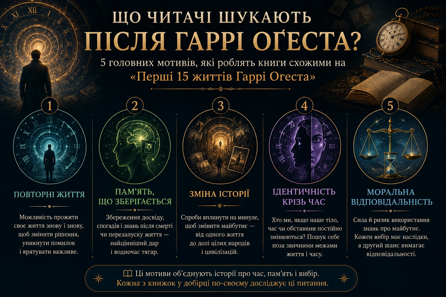 П’ять мотивів, які читачі шукають після Гаррі Оґеста: повторні життя, пам’ять, зміна історії, ідентичність крізь час і моральна відповідальність.