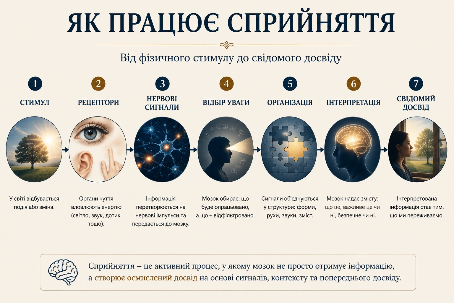 Інфографіка як працює сприйняття від стимулу через рецептори і нервові сигнали до інтерпретації та свідомого досвіду