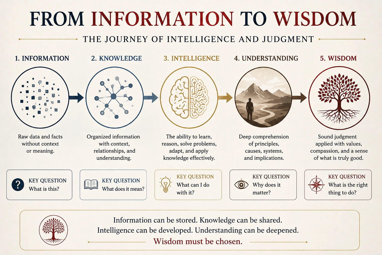 Progression from information to knowledge, intelligence, understanding and wisdom