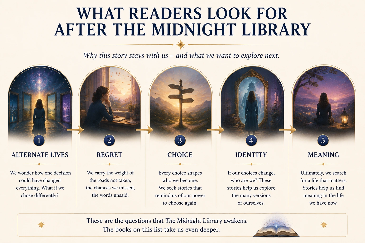 Diagram showing what readers seek after The Midnight Library: alternate lives, regret, choice, identity, and meaning.