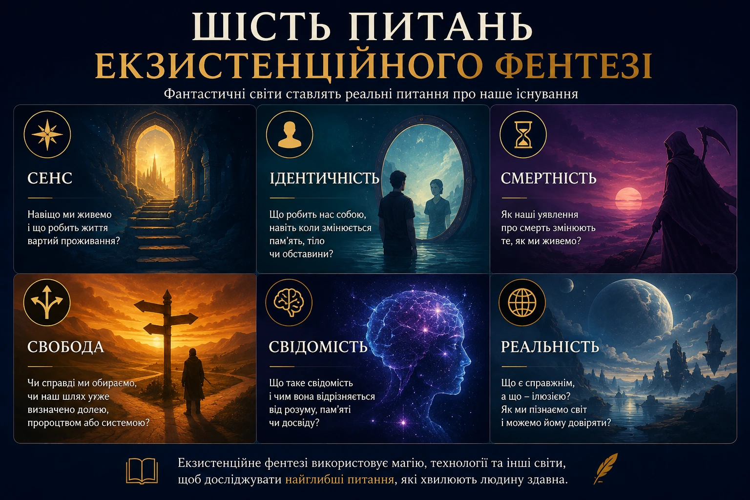 Шість питань екзистенційного фентезі: сенс, ідентичність, смертність, свобода, свідомість і реальність