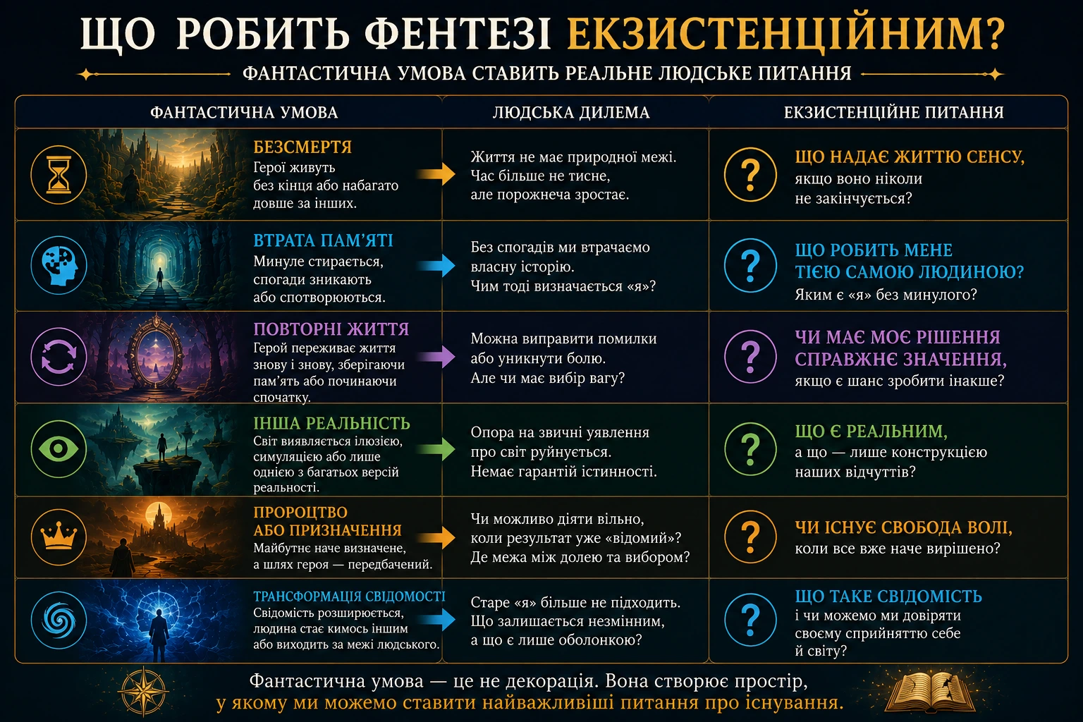 Що робить фентезі екзистенційним: безсмертя, втрата пам’яті, повторні життя, інша реальність, пророцтво та трансформація свідомості ведуть до людських дилем