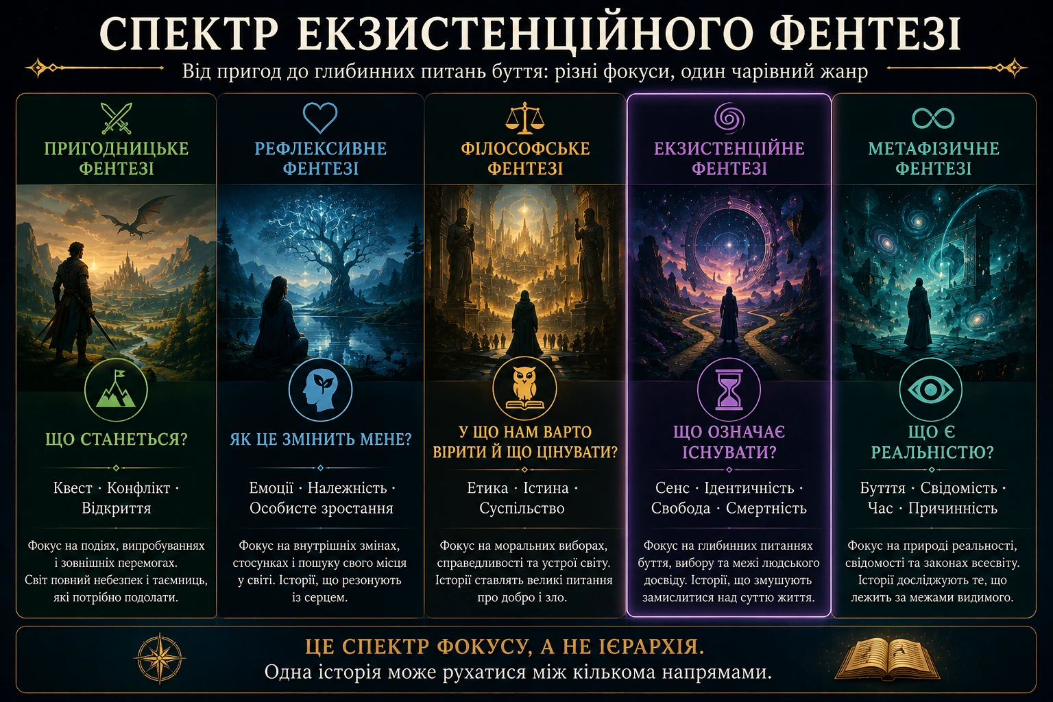 Спектр екзистенційного фентезі від пригодницького і рефлексивного до філософського, екзистенційного та метафізичного фокусу