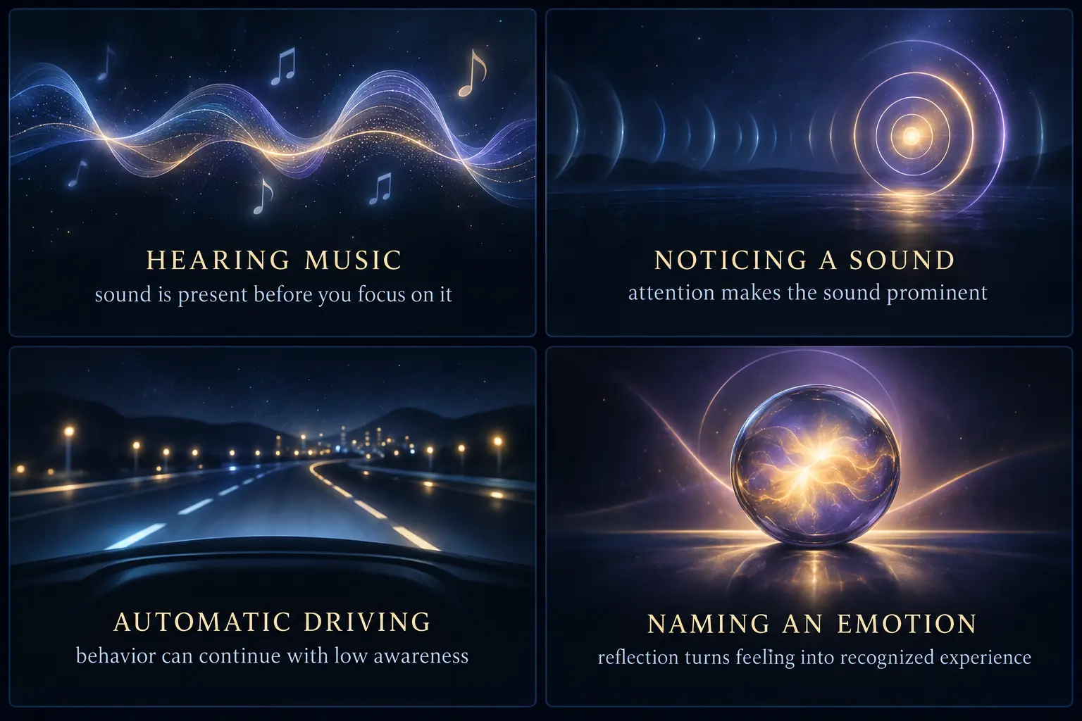 Everyday examples showing hearing, attention, automatic behavior, and emotional awareness