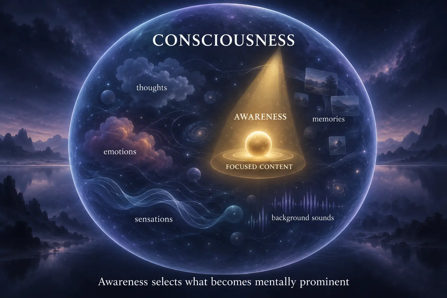 Consciousness as a broad mental field with focused awareness selecting prominent content