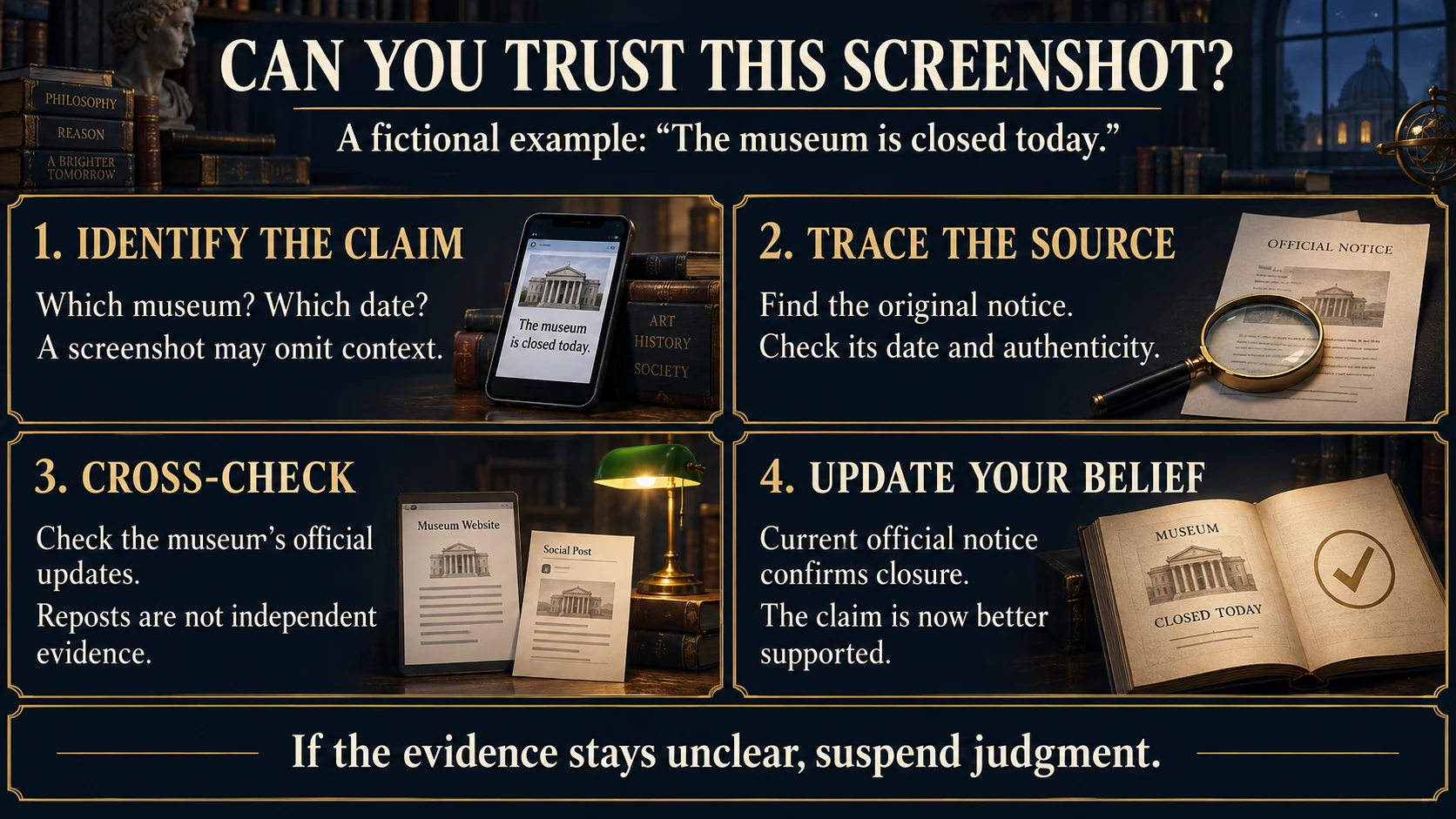 Four steps for checking a fictional museum closure screenshot before updating a belief