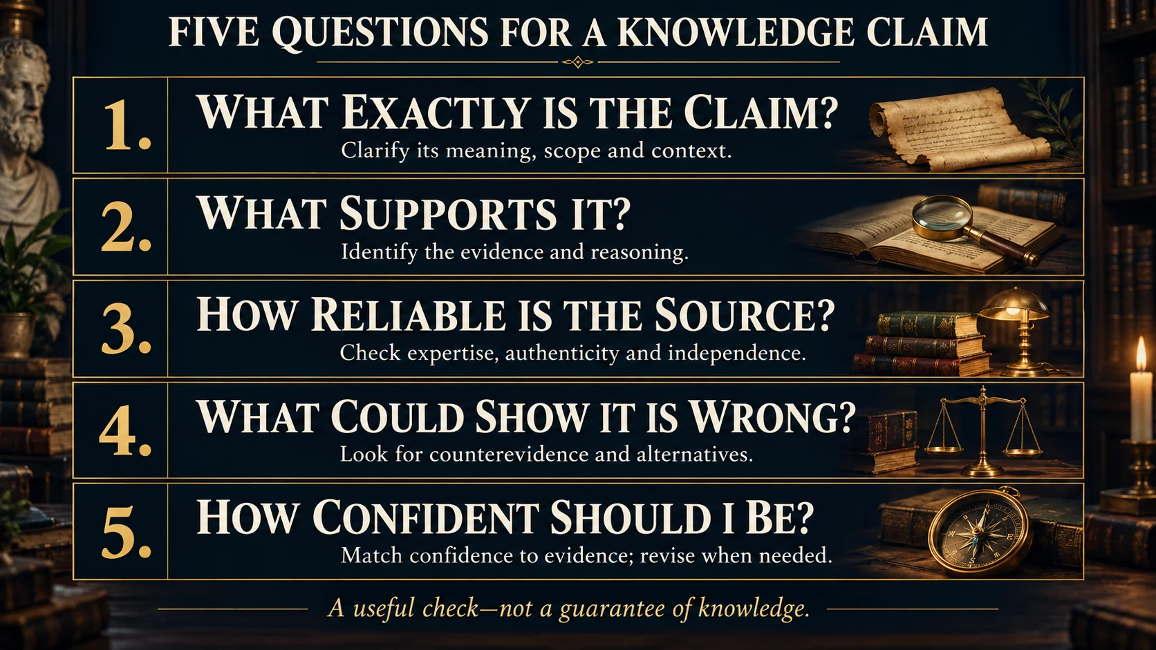 Five questions about a claim, its evidence, source reliability, counterevidence and appropriate confidence