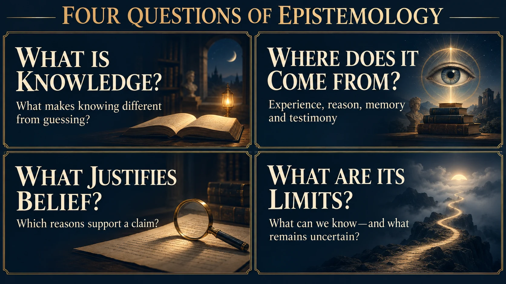 Four questions about the nature, sources, justification and limits of knowledge
