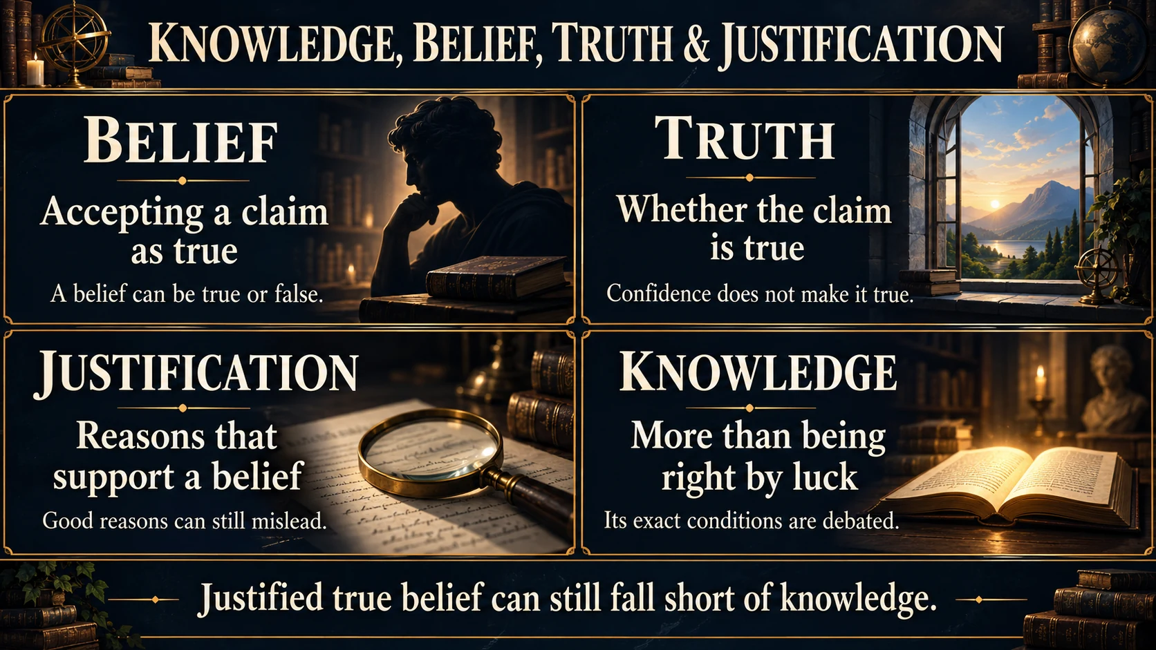 Belief, truth, justification and knowledge compared, with a warning about epistemic luck