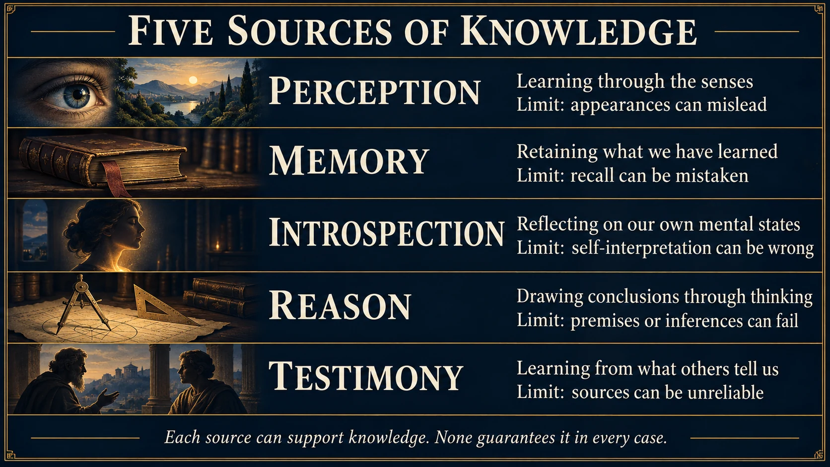 Perception, memory, introspection, reason and testimony, each with a limitation