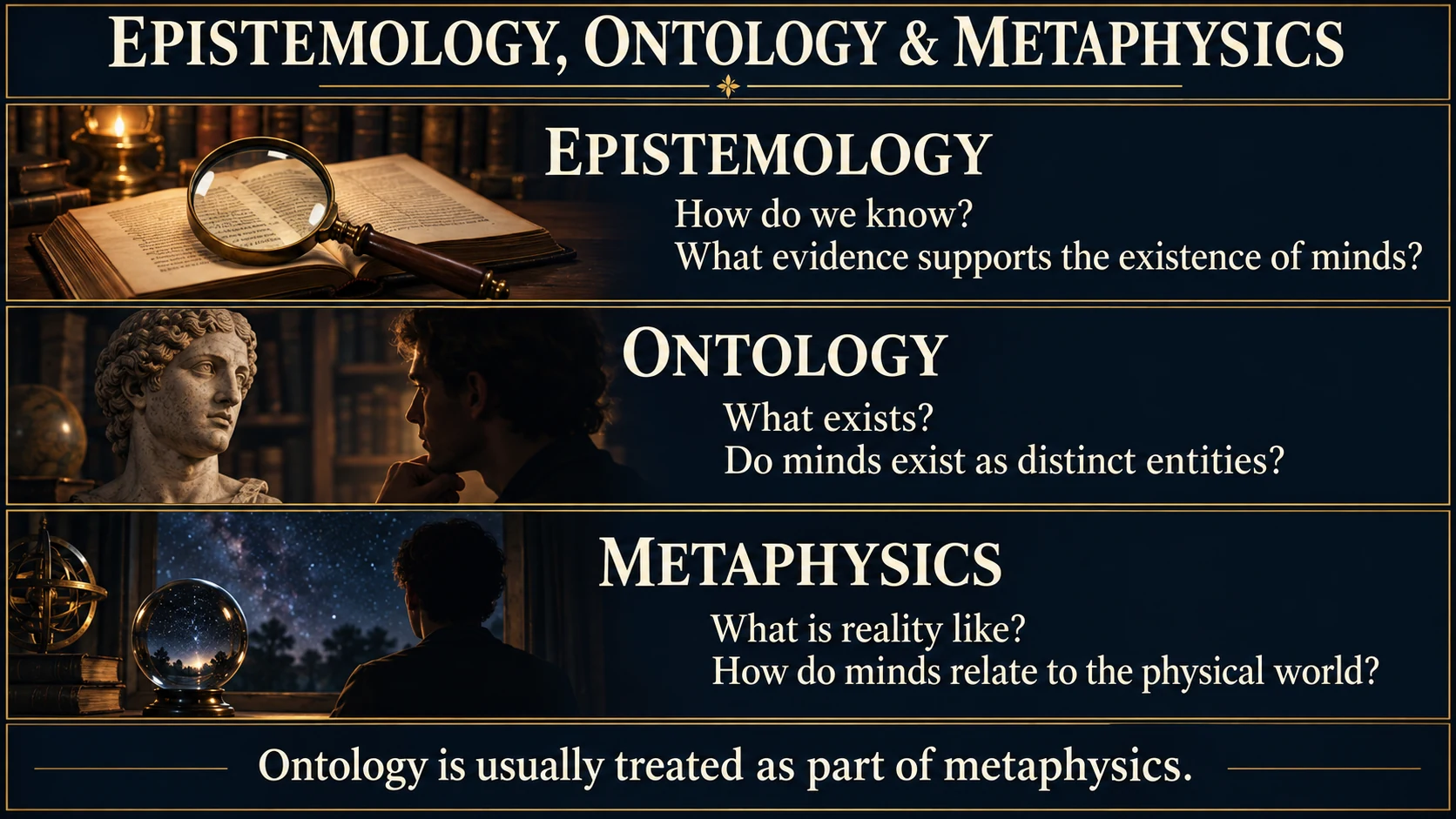 Epistemology, ontology and metaphysics compared through questions about minds