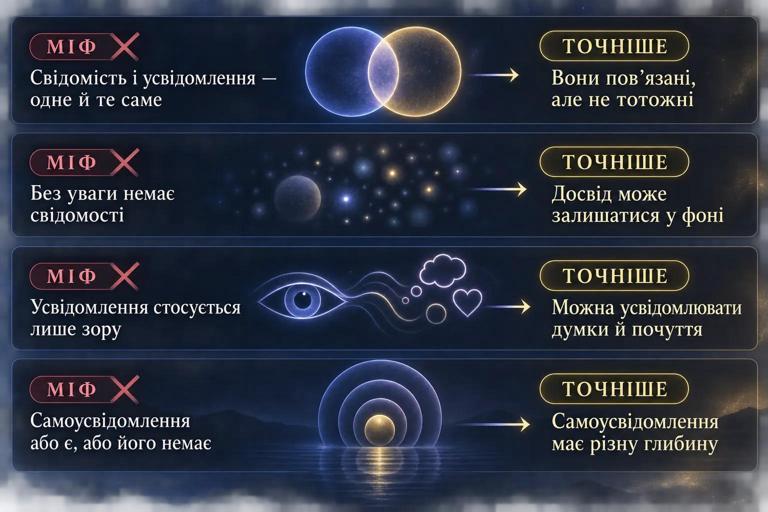 Поширені міфи та точніші пояснення про свідомість і усвідомлення
