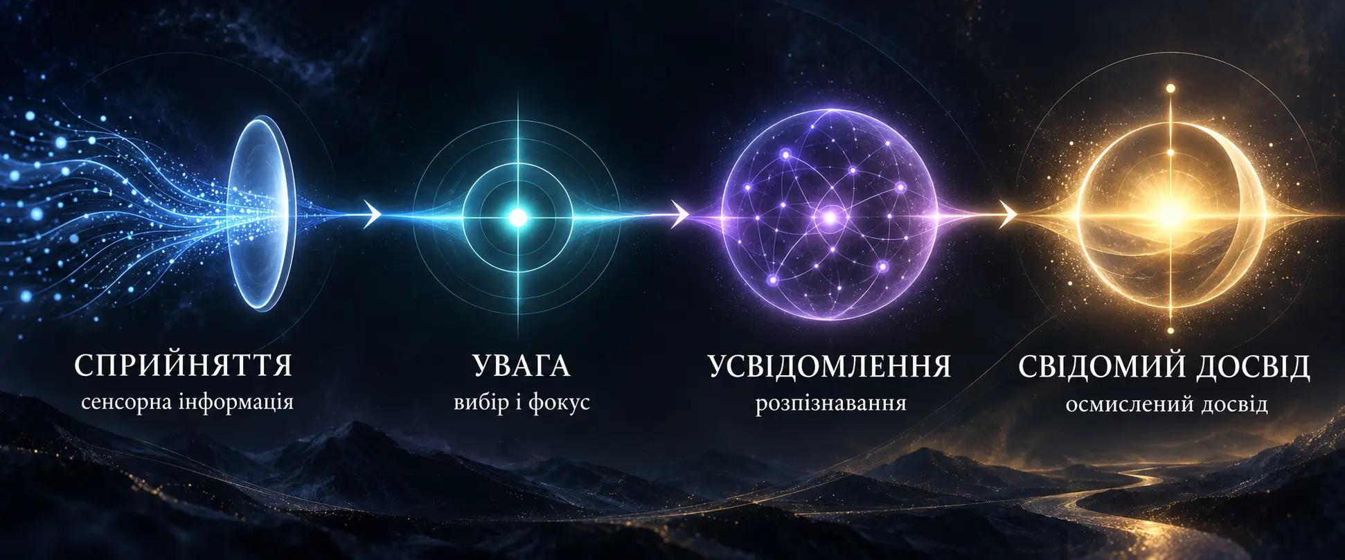 Послідовність від сприйняття та уваги до усвідомлення і свідомого досвіду