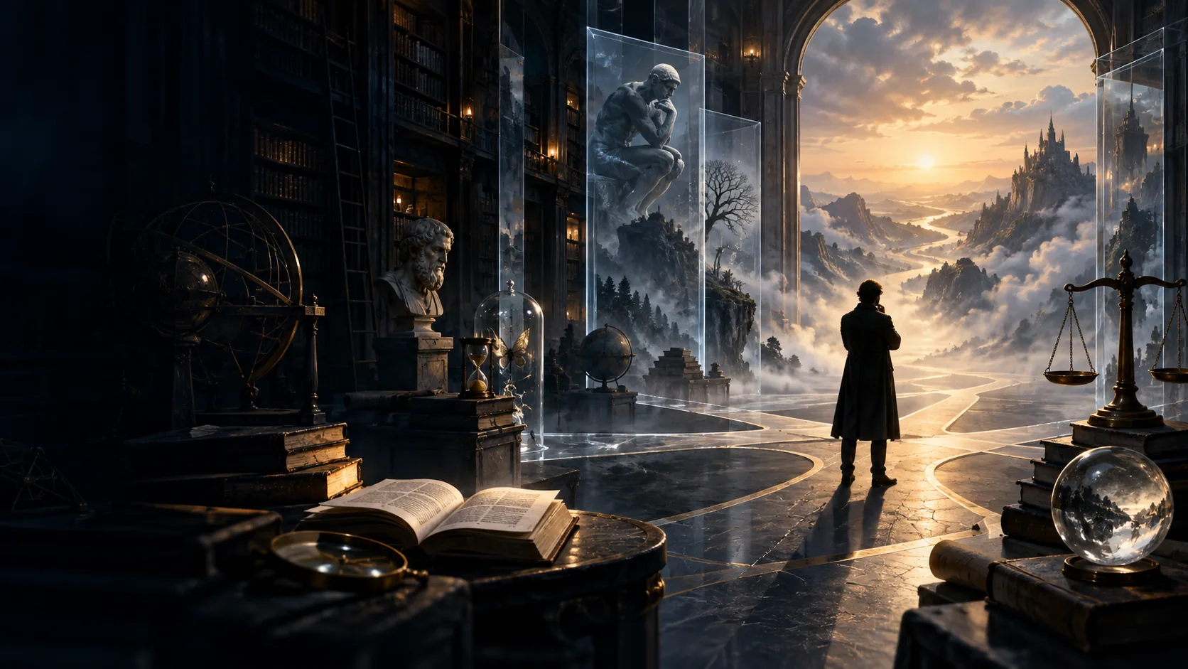 A reader in a library faces branching illuminated paths, symbolizing inquiry into knowledge and belief