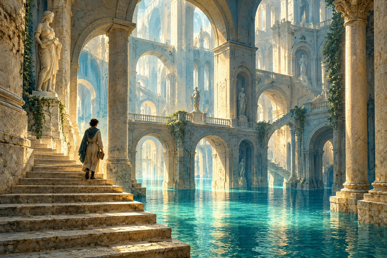 Books like Piranesi: a solitary reader in vast sunlit halls above turquoise water