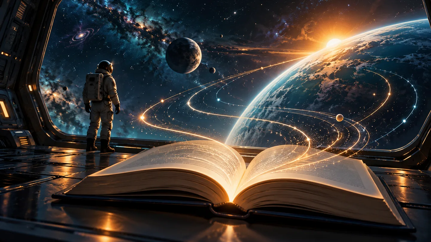 An open book and astronaut beneath a spacecraft window overlooking a luminous planet