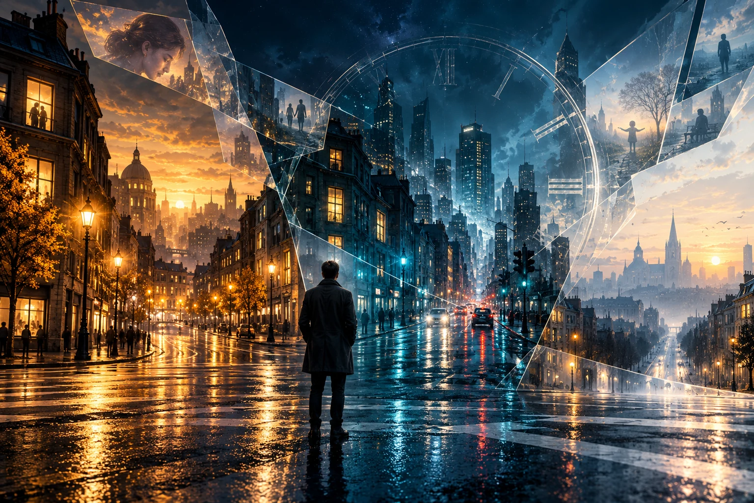 A lone figure faces overlapping versions of a city beneath a fractured clock, illustrating books like Recursion
