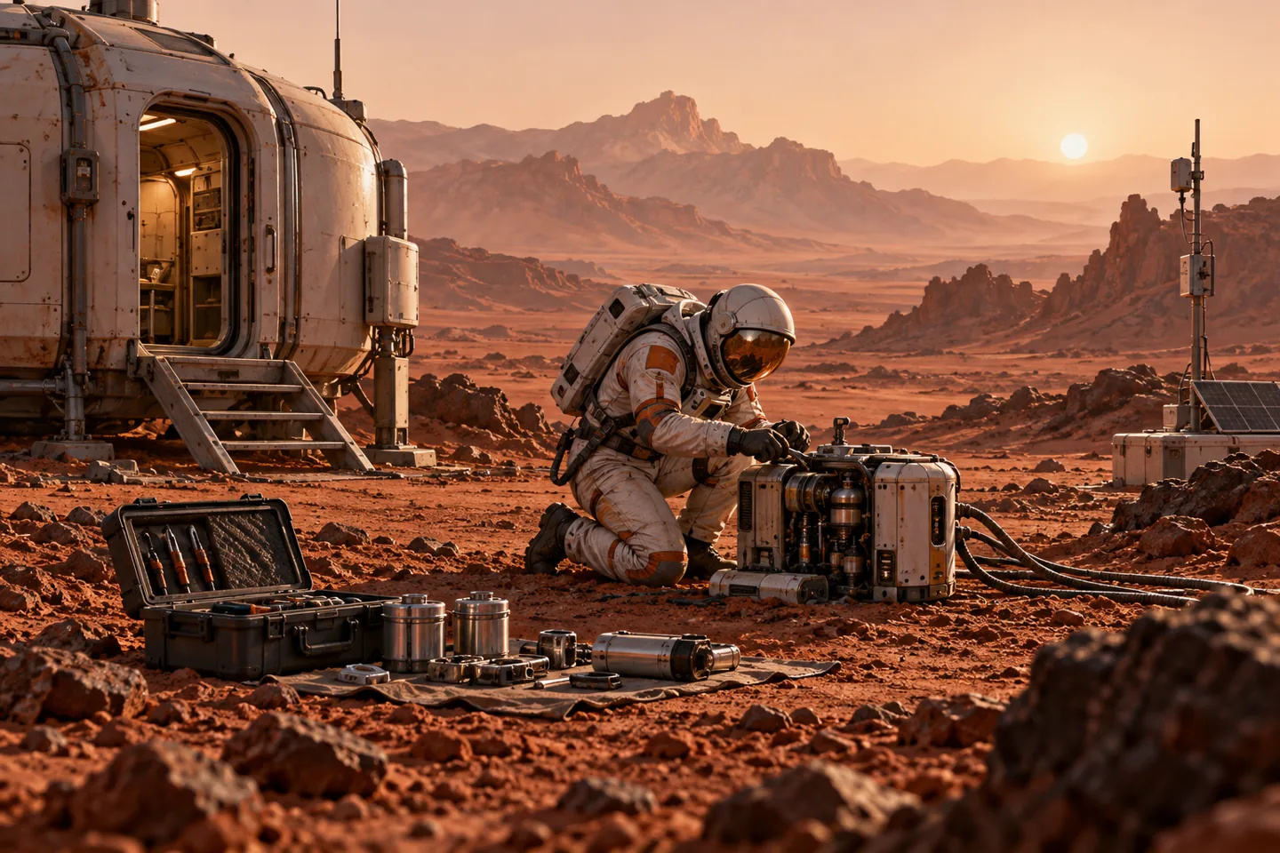 An astronaut repairs equipment beside a small habitat on the rocky surface of Mars.