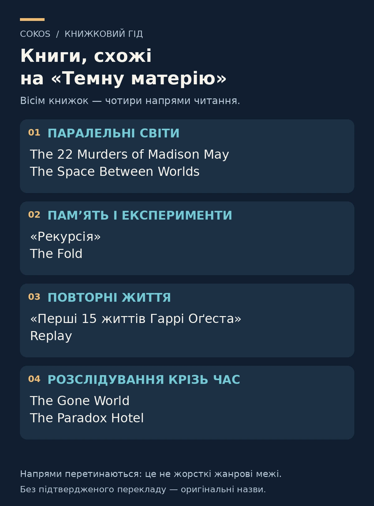 Вісім книжок у чотирьох напрямах: паралельні світи, пам’ять і експерименти, повторні життя та розслідування крізь час